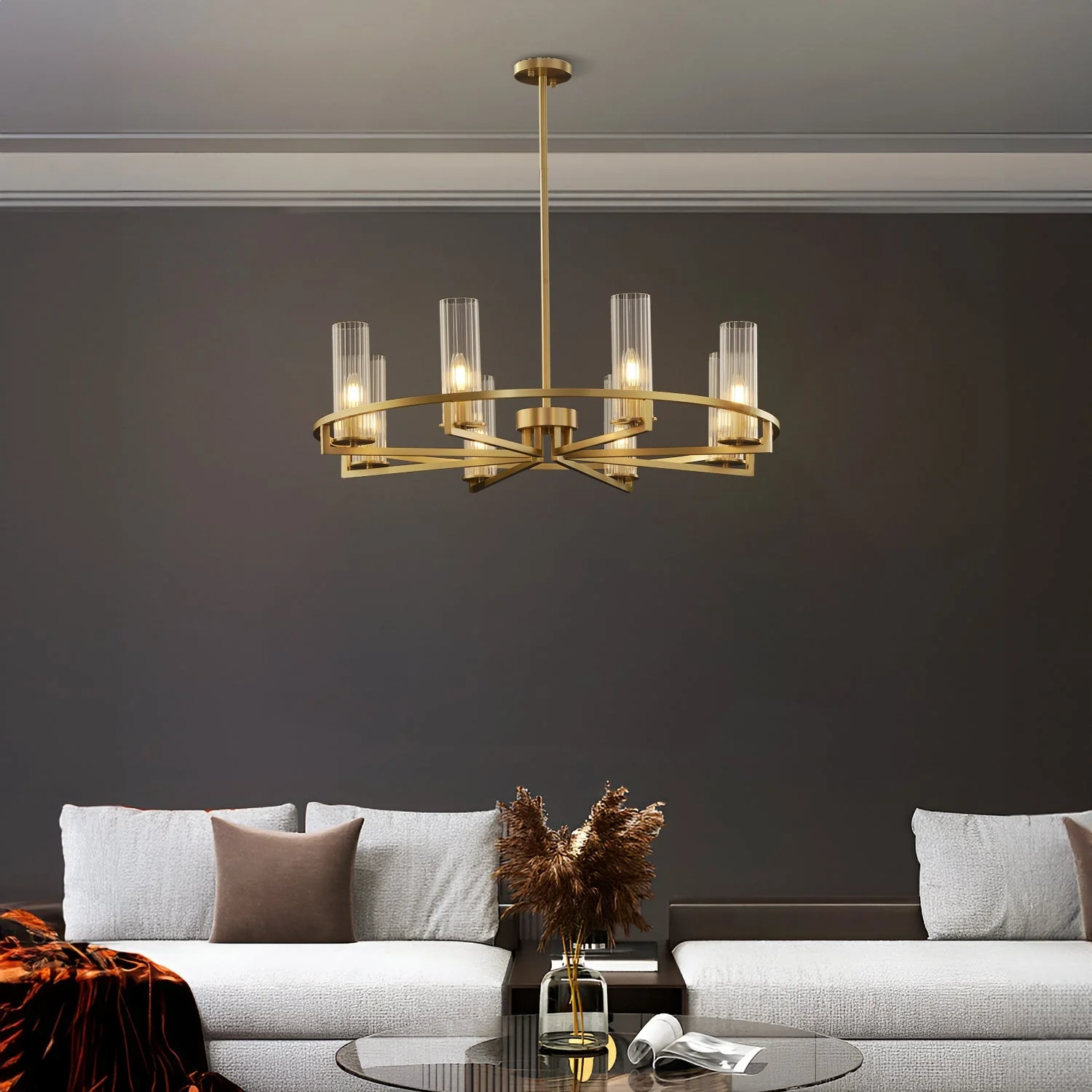 Cylindrical Aged Brass Chandelier - Image 3