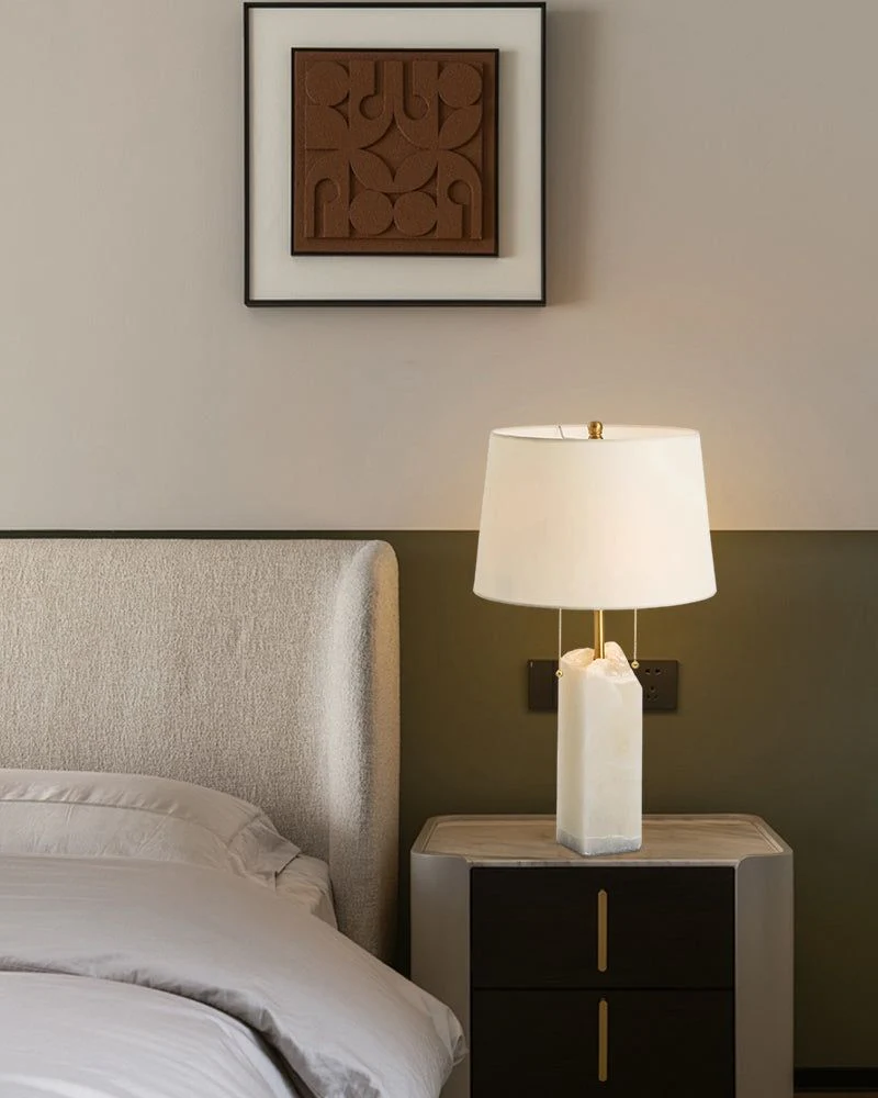 Dia 15" White Alabaster Table Lamp with linen tapered shade for living room bedroom - Image 4