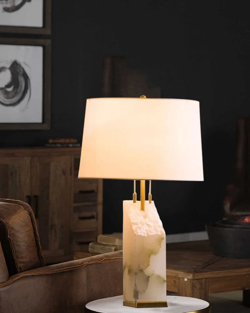 Dia 15" White Alabaster Table Lamp with linen tapered shade for living room bedroom - Image 5