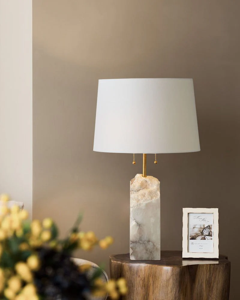 Dia 15" White Alabaster Table Lamp with linen tapered shade for living room bedroom - Image 6