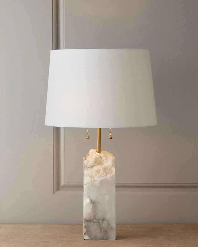 Dia 15" White Alabaster Table Lamp with linen tapered shade for living room bedroom - Image 7