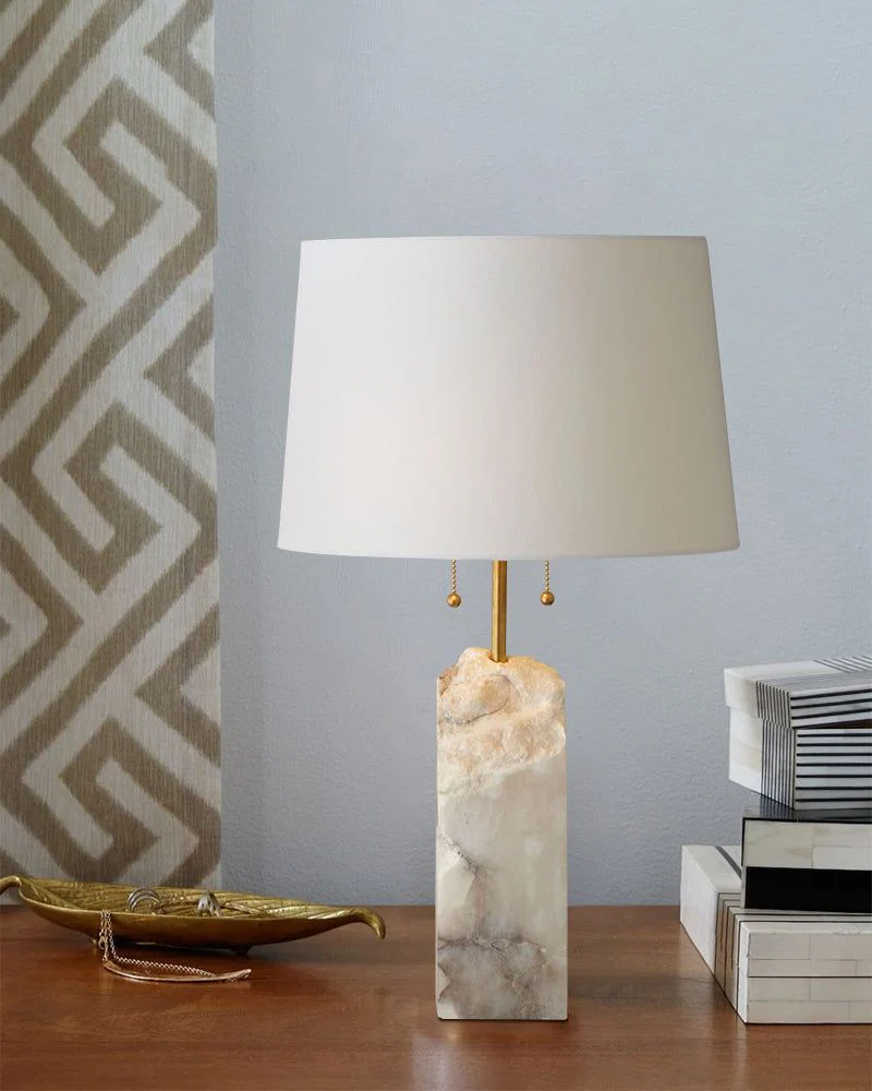 Dia 15" White Alabaster Table Lamp with linen tapered shade for living room bedroom - Image 8