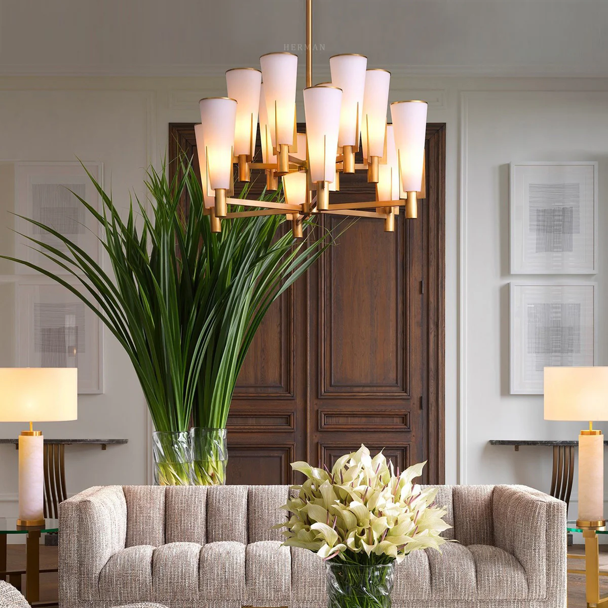 Dino Double Modern Brass Chandelier - (Antique Brass Finish/White Glass) - Image 3