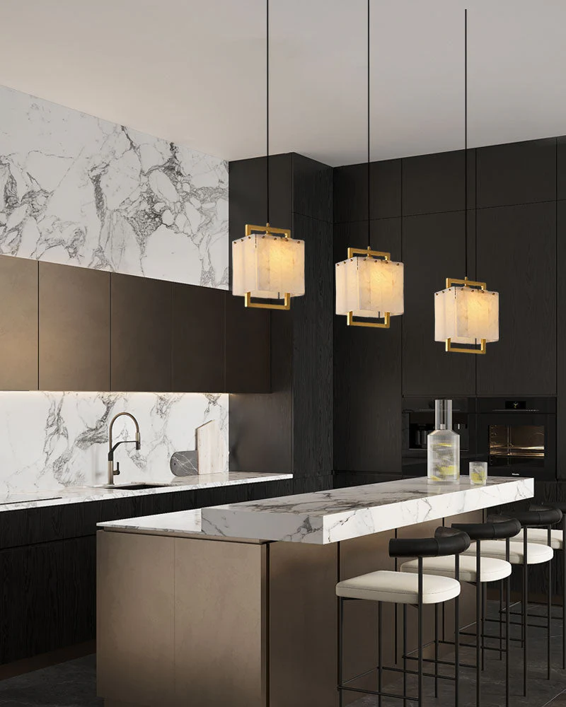 Elegant Cluster Alabaster Dome Suspension Light Lacquered Burnished Brass for hallway - Image 5