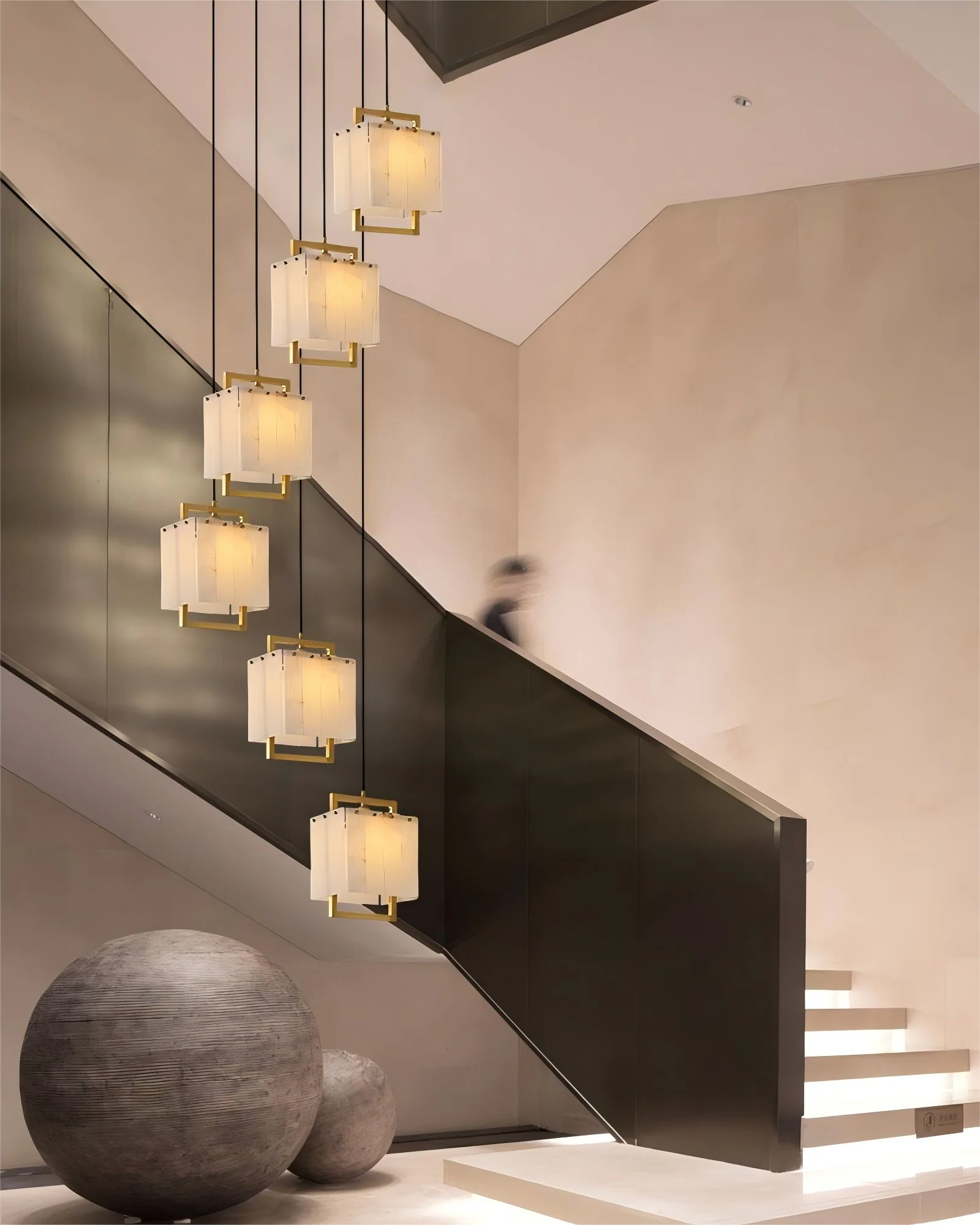 Elegant Cluster Alabaster Dome Suspension Light Lacquered Burnished Brass for hallway - Image 7