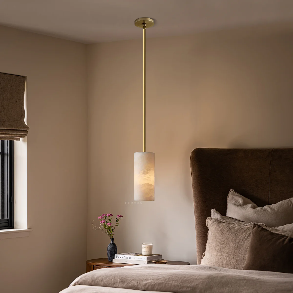 Hand Carved Alabaster Cylinder Pendant Light - Image 3