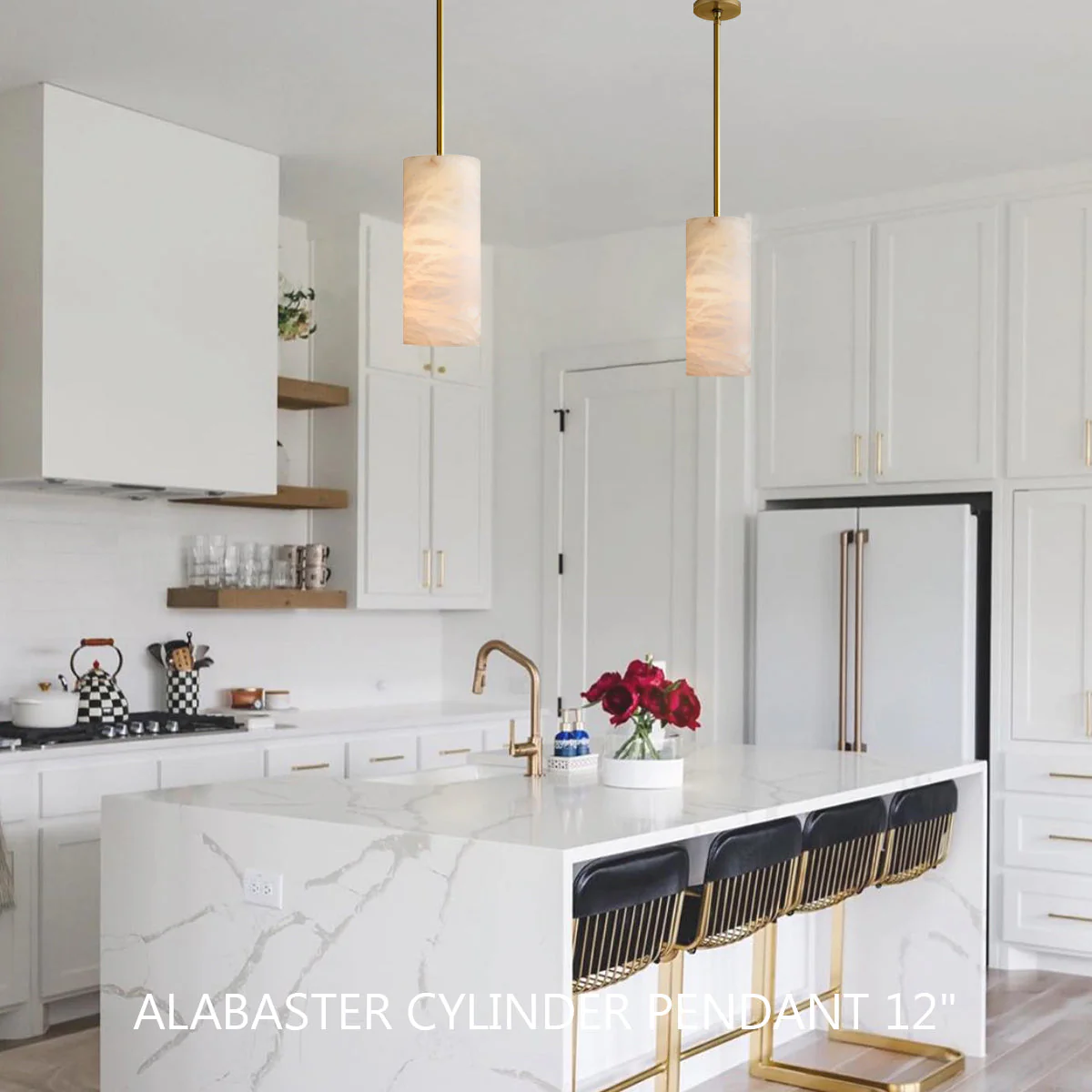 Hand Carved Alabaster Cylinder Pendant Light - Image 5