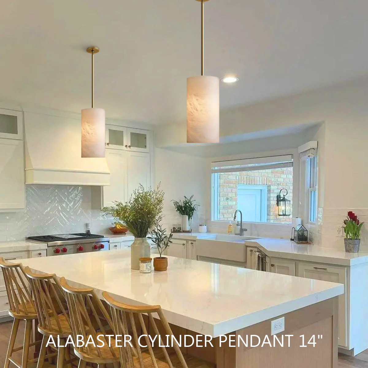 Hand Carved Alabaster Cylinder Pendant Light - Image 6