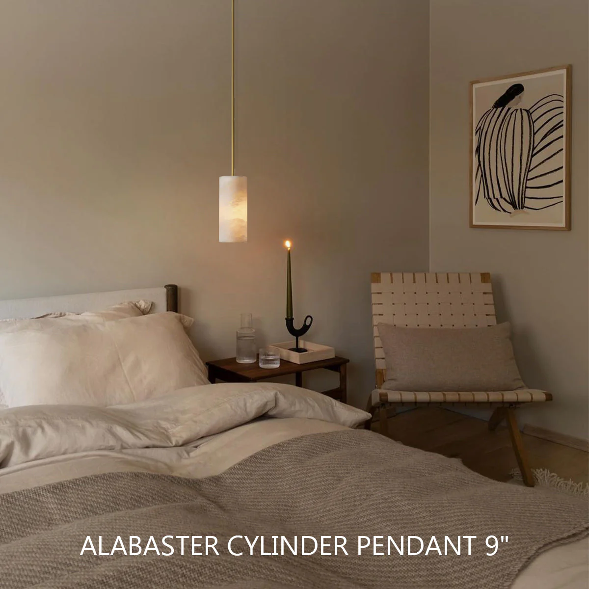 Hand Carved Alabaster Cylinder Pendant Light - Image 8