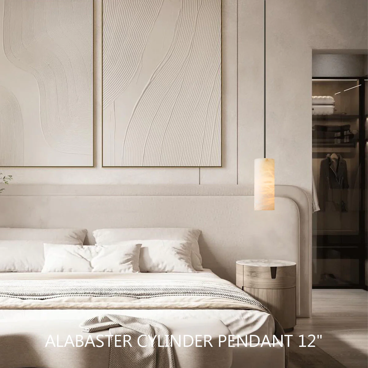 Hand Carved Alabaster Cylinder Pendant Light - Image 9