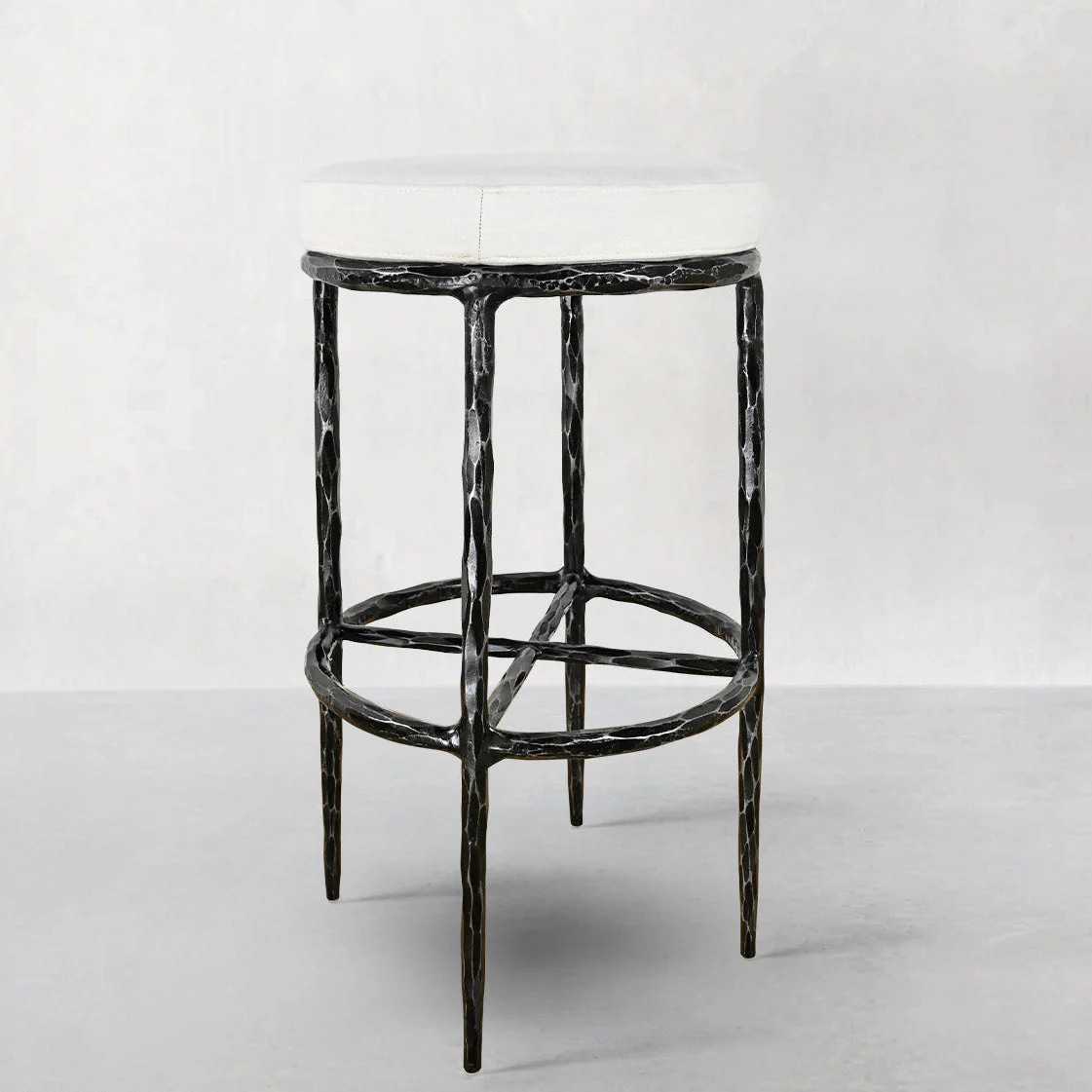 Hand-Forged Metal Backless Fabric Swivel Stool - Image 8