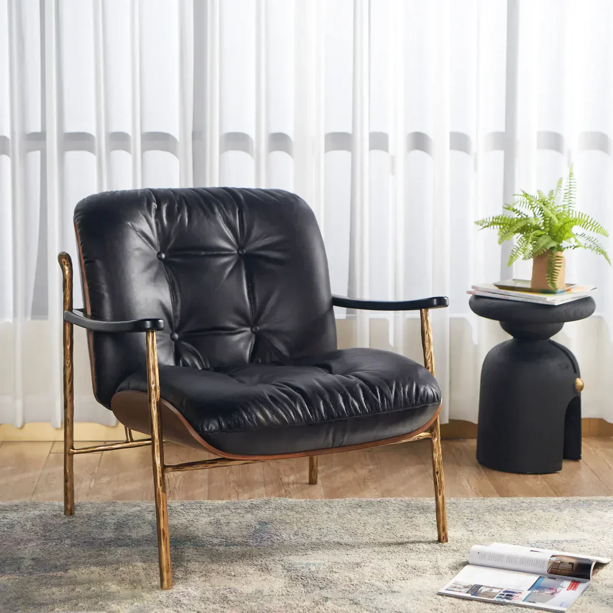 Hand-Forged Metal Black Leather Accent Chairs - Image 2