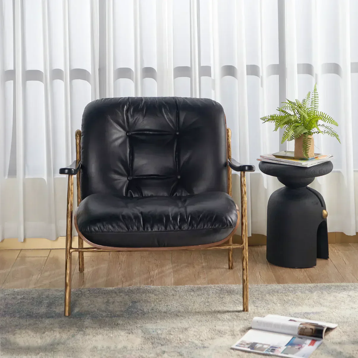 Hand-Forged Metal Black Leather Accent Chairs - Image 3