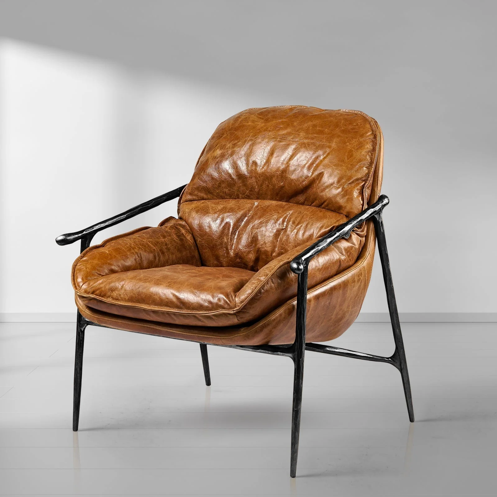 Hand-Forged Metal Brown Leather Accent Chairs - Image 16