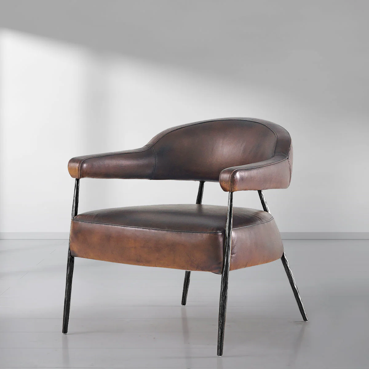 Hand-Forged Metal Brown Leather Lounge Armchair - Image 20