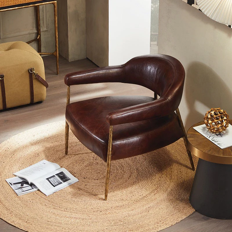 Hand-Forged Metal Brown Leather Lounge Armchair - Image 3