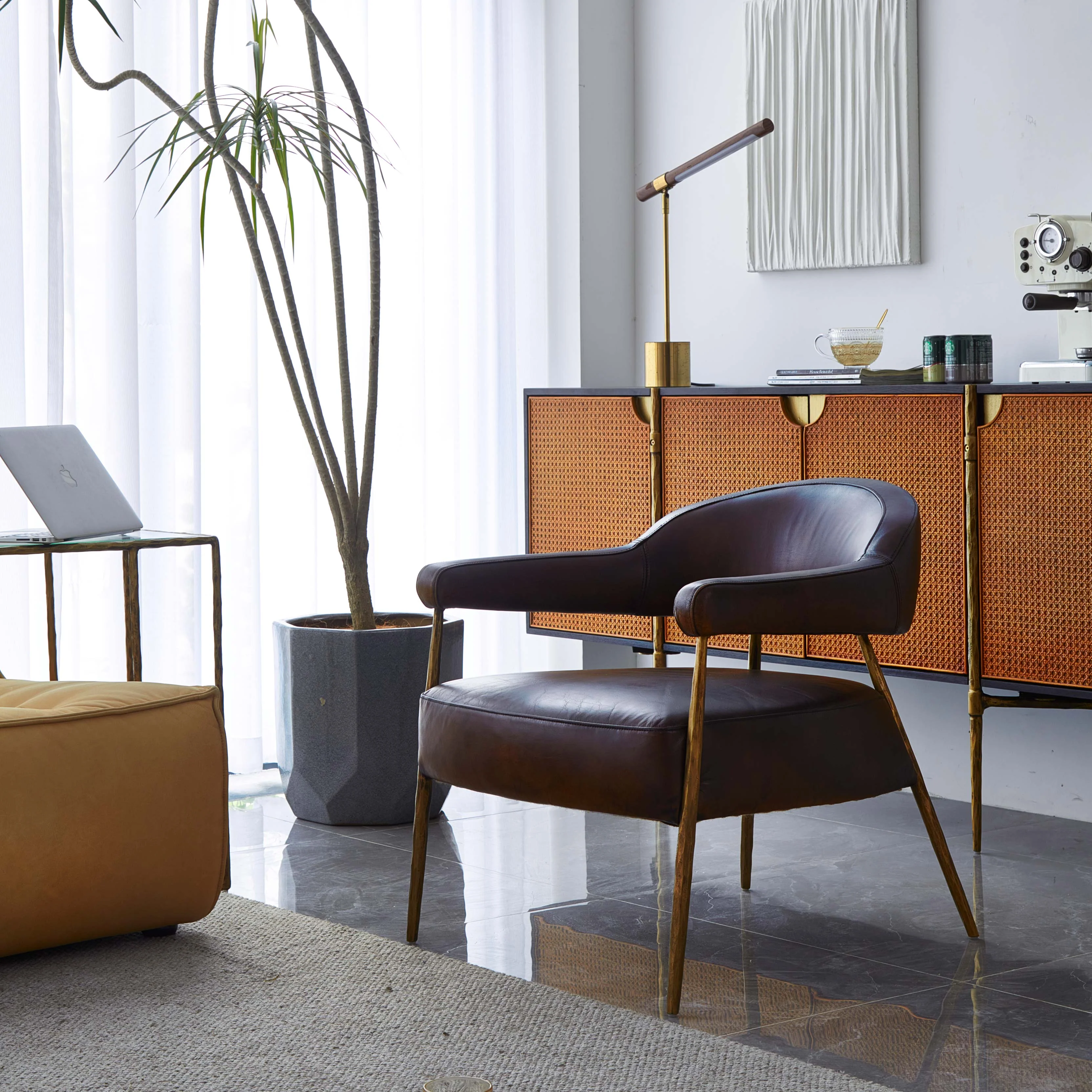 Hand-Forged Metal Brown Leather Lounge Armchair - Image 8