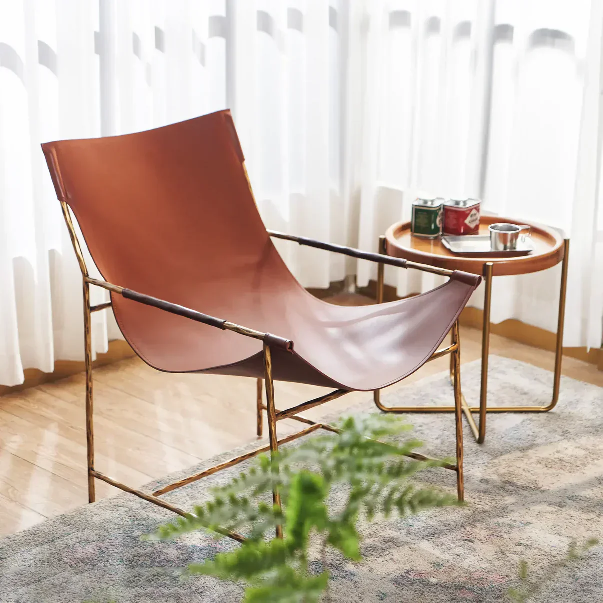 Hand-Forged Metal Brown Leather Lounge Chair - Image 2
