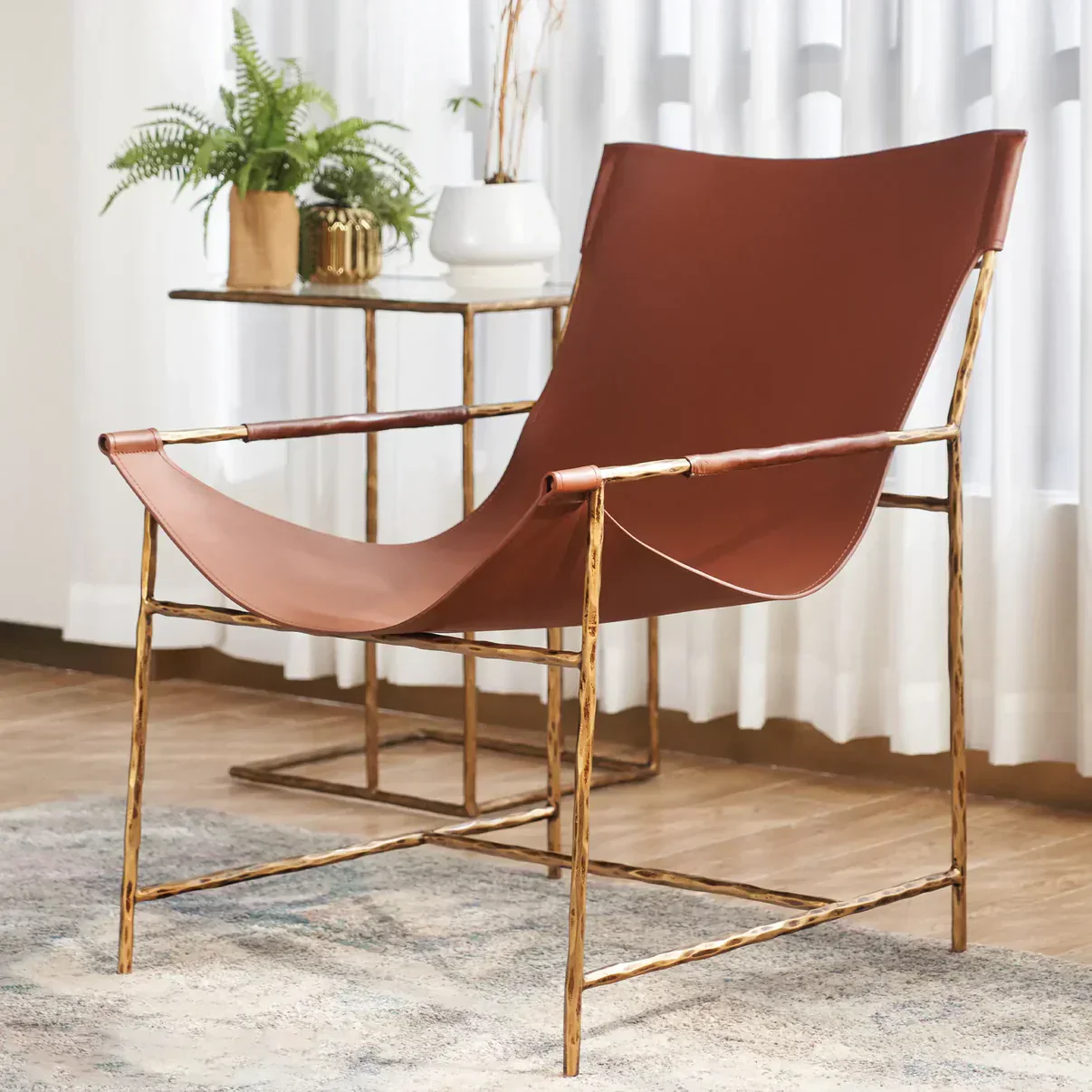 Hand-Forged Metal Brown Leather Lounge Chair - Image 3