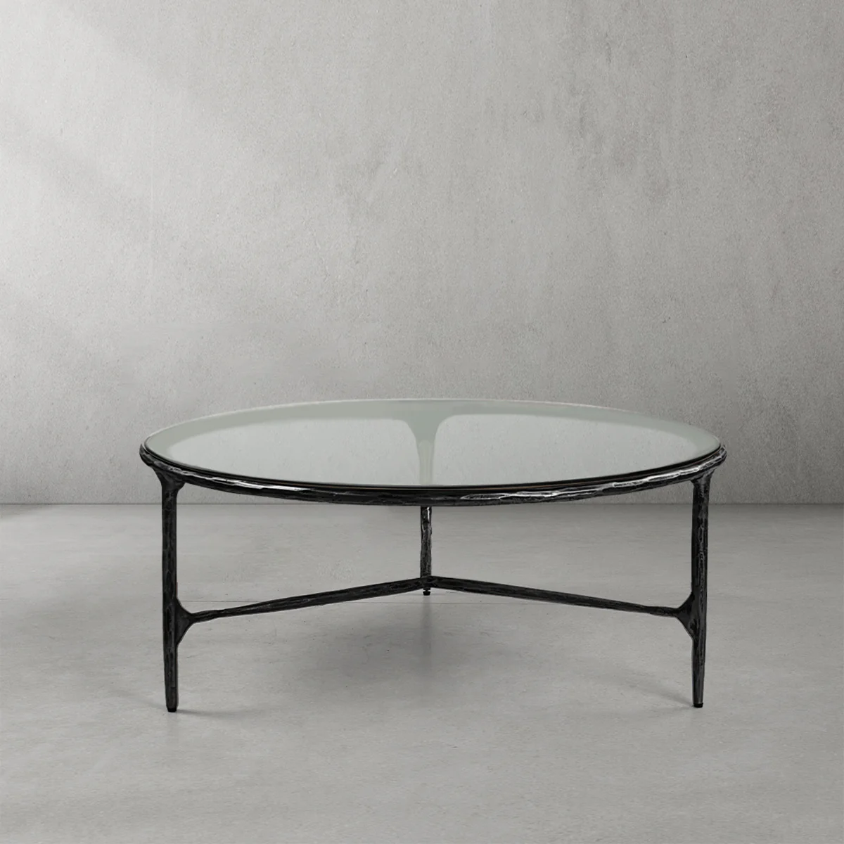 Hand-Forged Metal Glass Round Coffee Table 3 Legs 35" - Image 5