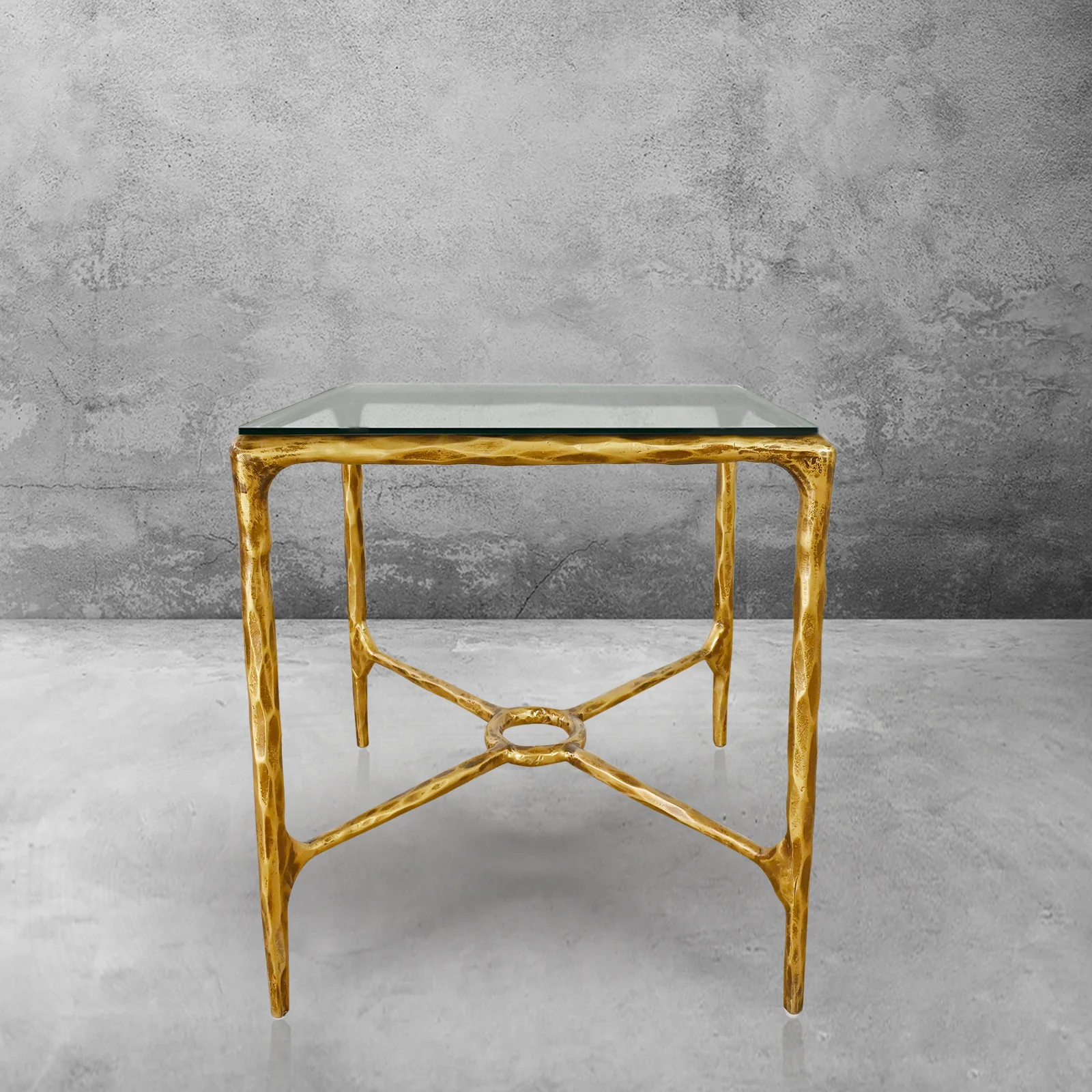 Hand-Forged Metal Glass Square Side Table Overhang O - Image 3