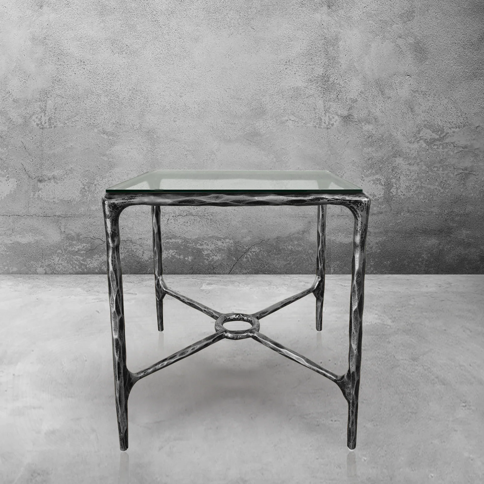 Hand-Forged Metal Glass Square Side Table Overhang O - Image 6