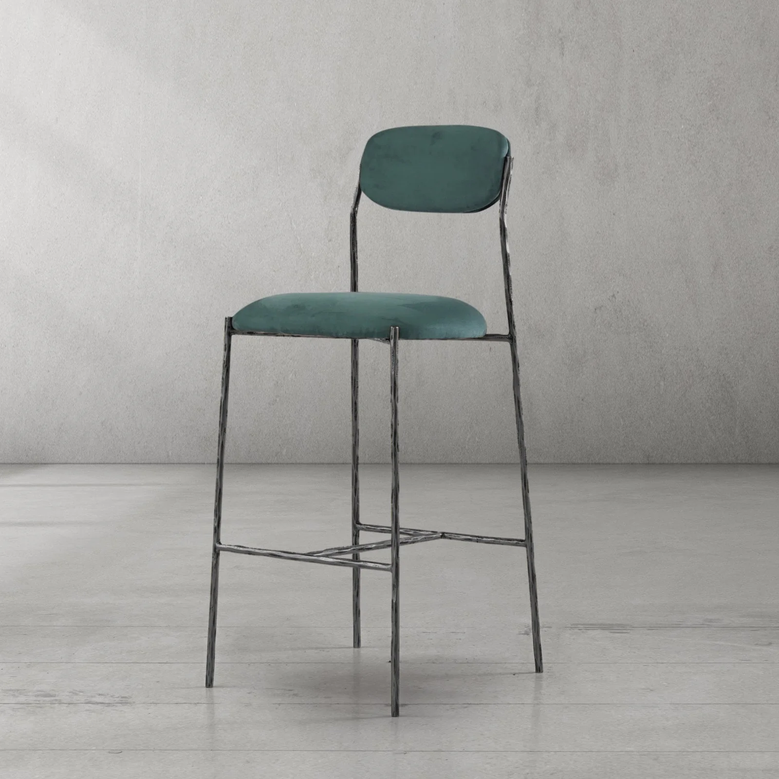 Hand-Forged Metal Green Fabric Bar Stool - Image 14