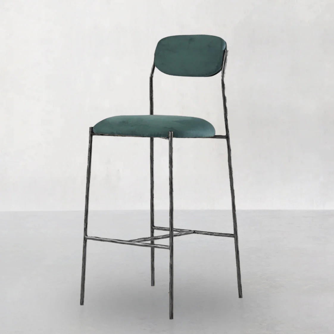 Hand-Forged Metal Green Fabric Bar Stool - Image 4