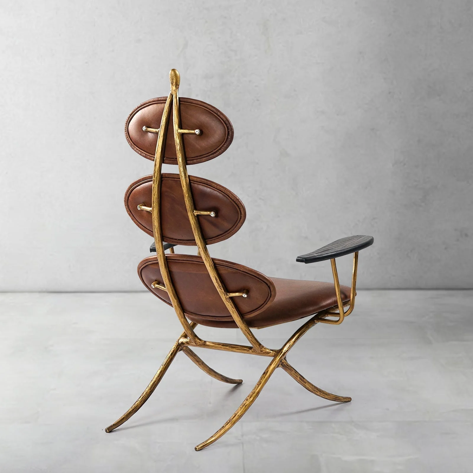 Hand-Forged Metal High Back Brown Leather Lounge Accent Chair - Image 10