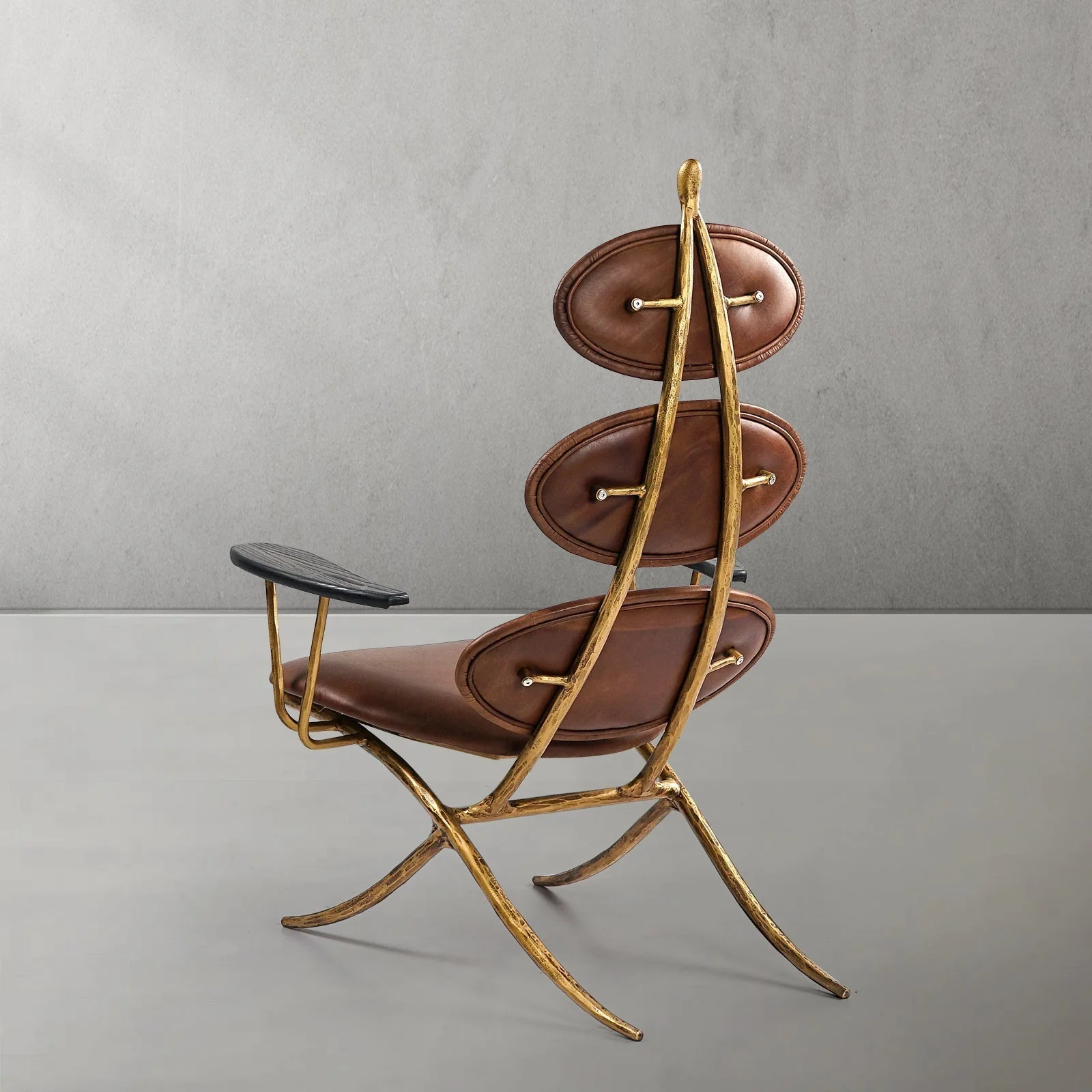 Hand-Forged Metal High Back Brown Leather Lounge Accent Chair - Image 12