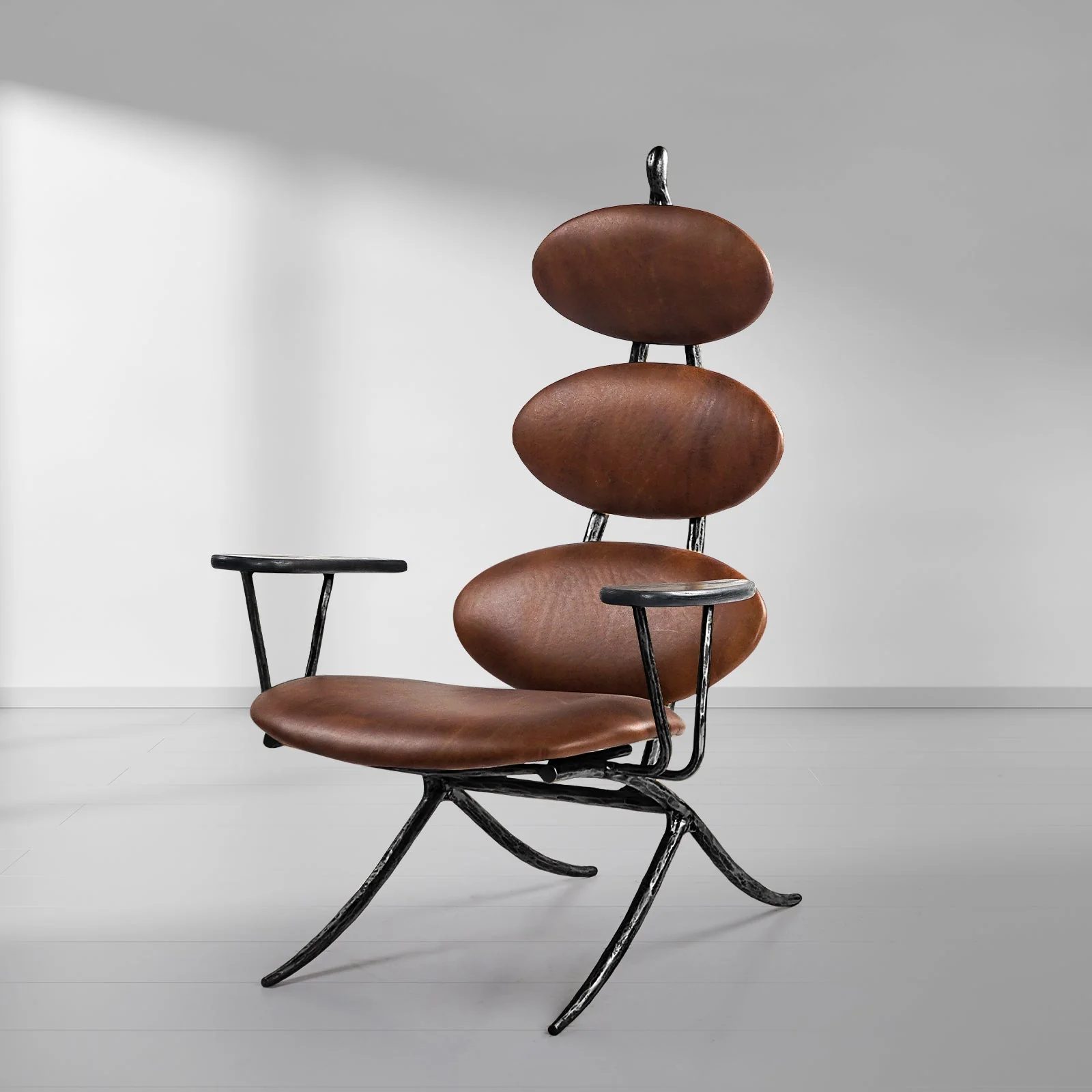 Hand-Forged Metal High Back Brown Leather Lounge Accent Chair - Image 13
