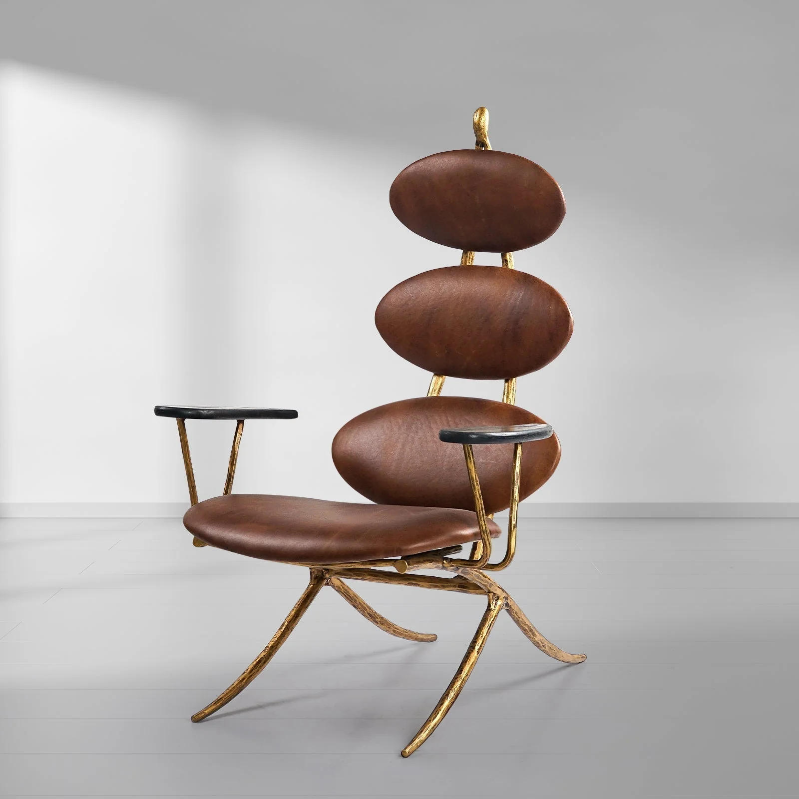 Hand-Forged Metal High Back Brown Leather Lounge Accent Chair - Image 14