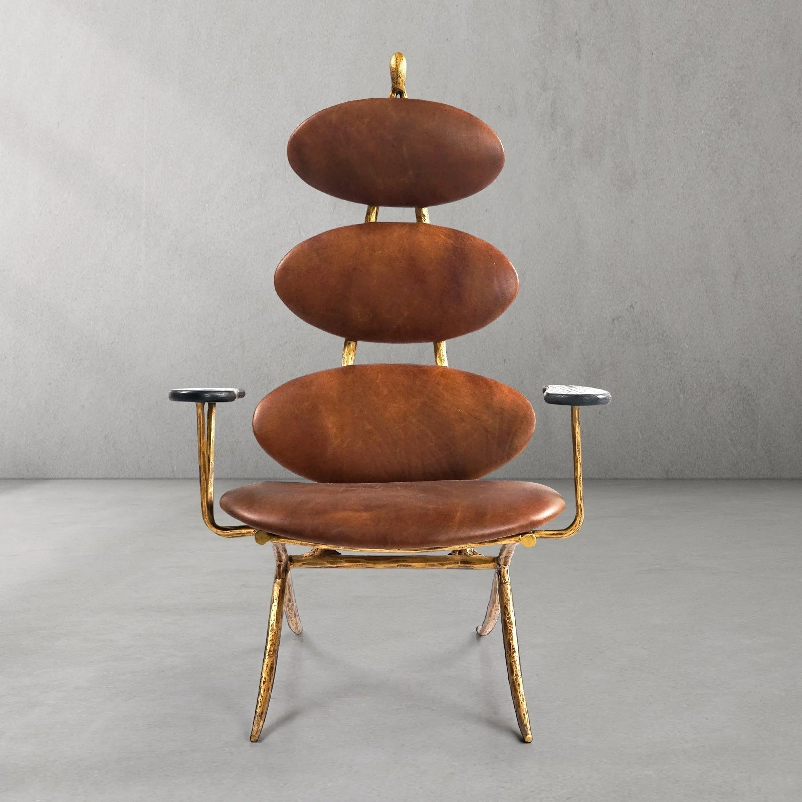 Hand-Forged Metal High Back Brown Leather Lounge Accent Chair - Image 6