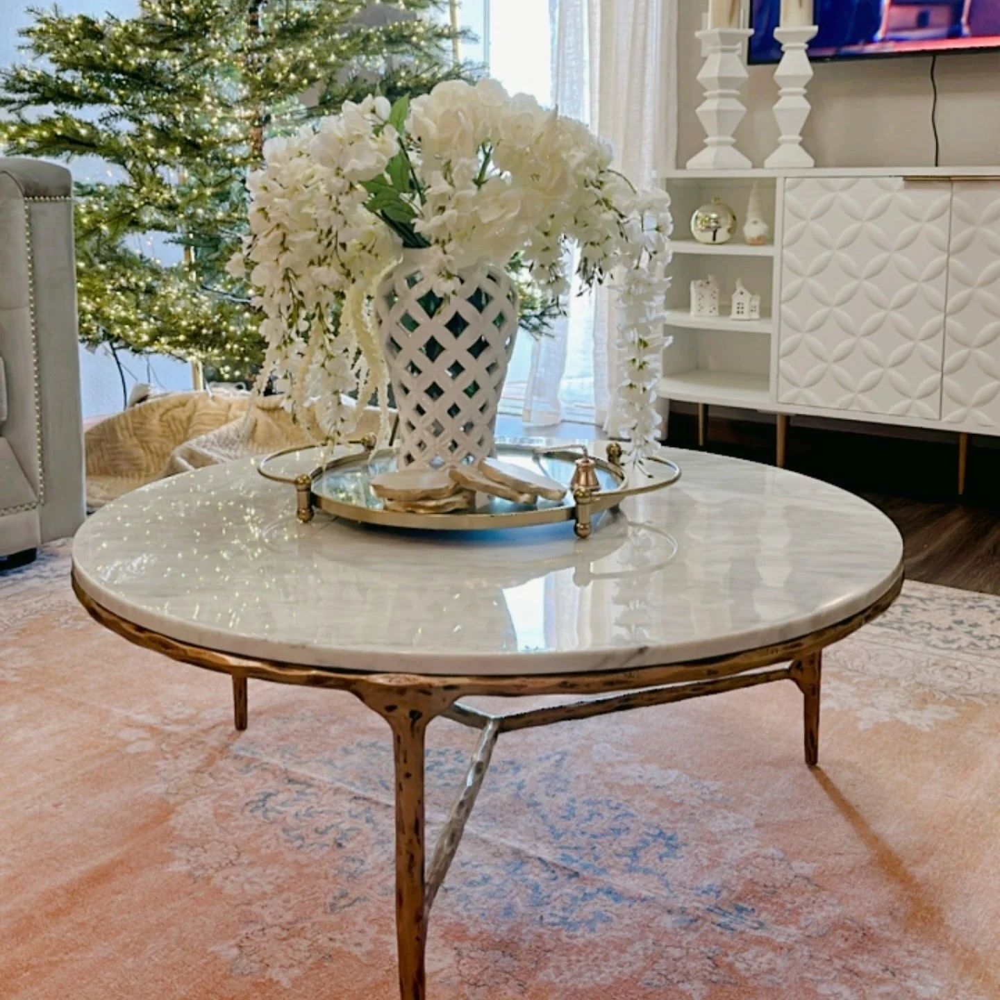 Hand-Forged Metal Marble Round Coffee Table 3 Legs 35" - Image 5