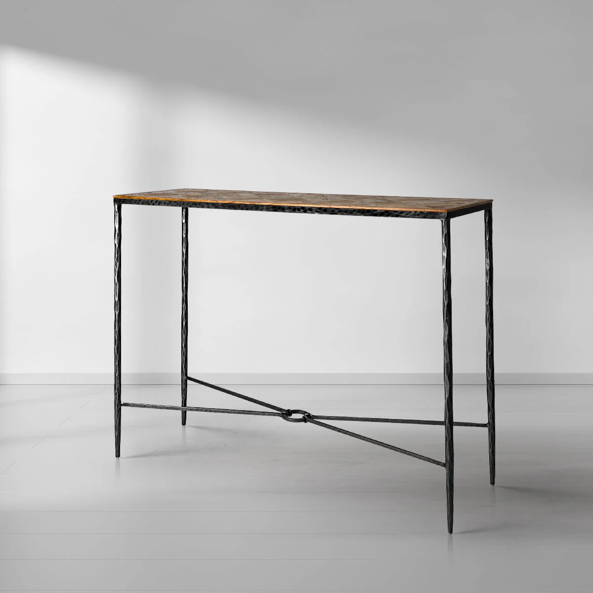 Hand-Forged Metal Metal Frame Elm Wood Console Table - Image 8