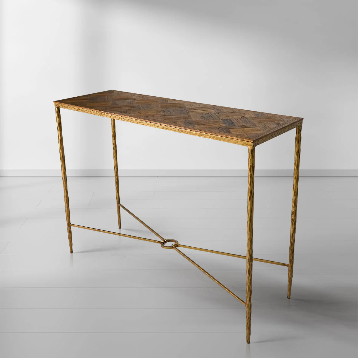 Hand-Forged Metal Metal Frame Elm Wood Console Table - Image 9