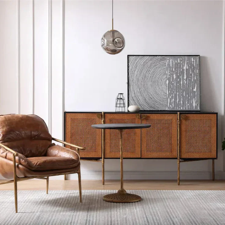 Hand-Forged Metal Metal Frame Rattan Long Side Cabinet - Image 4