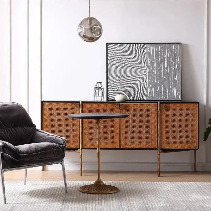 Hand-Forged Metal Metal Frame Rattan Long Side Cabinet - Image 6