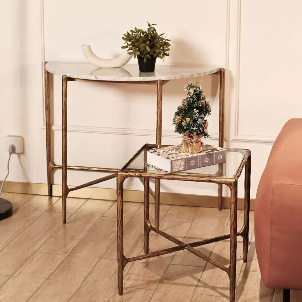 Hand-Forged Metal Semi-Circle Marble Console Table - Image 3