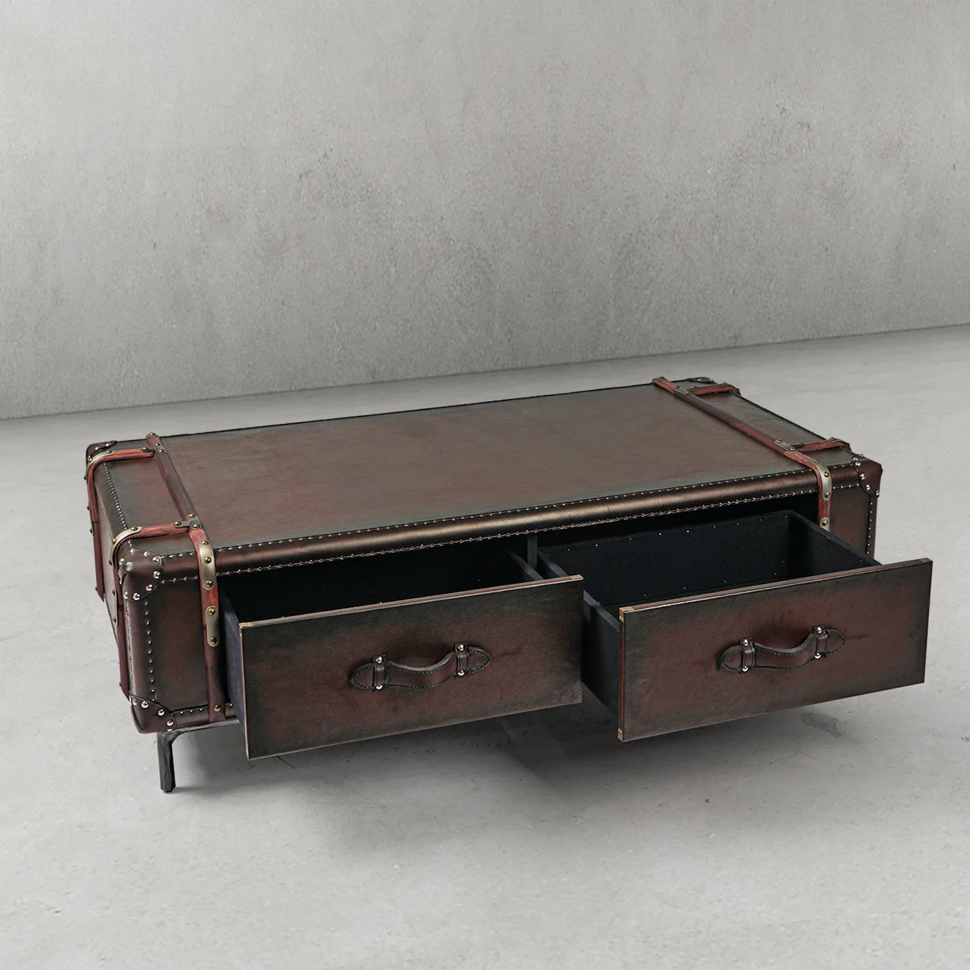 Hand-Forged Metal Vintage Cowhide Rattan Coffee Table - Image 11