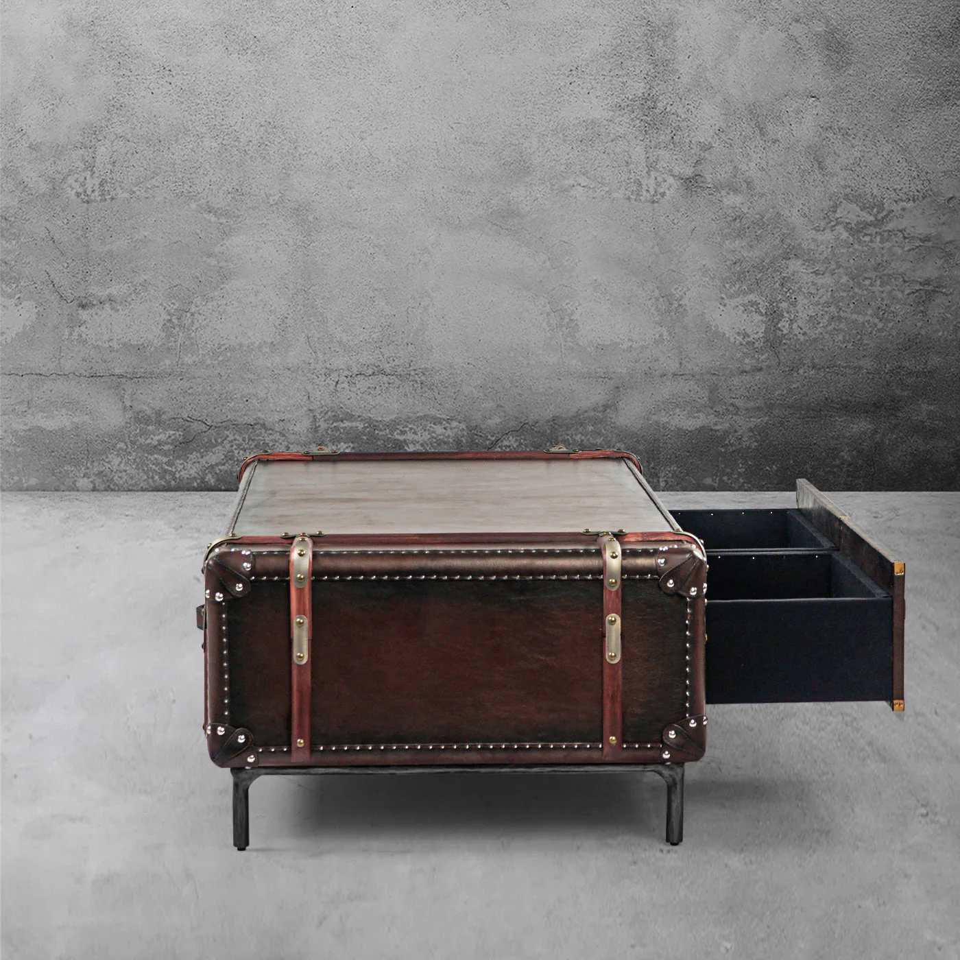 Hand-Forged Metal Vintage Cowhide Rattan Coffee Table - Image 12
