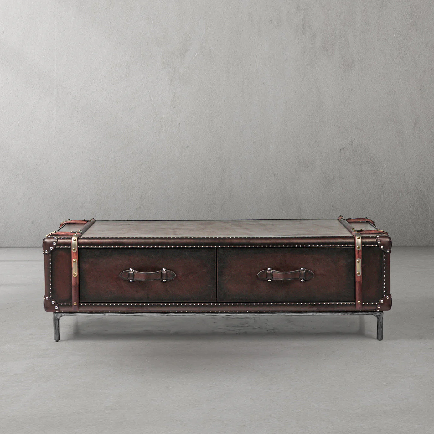 Hand-Forged Metal Vintage Cowhide Rattan Coffee Table - Image 18