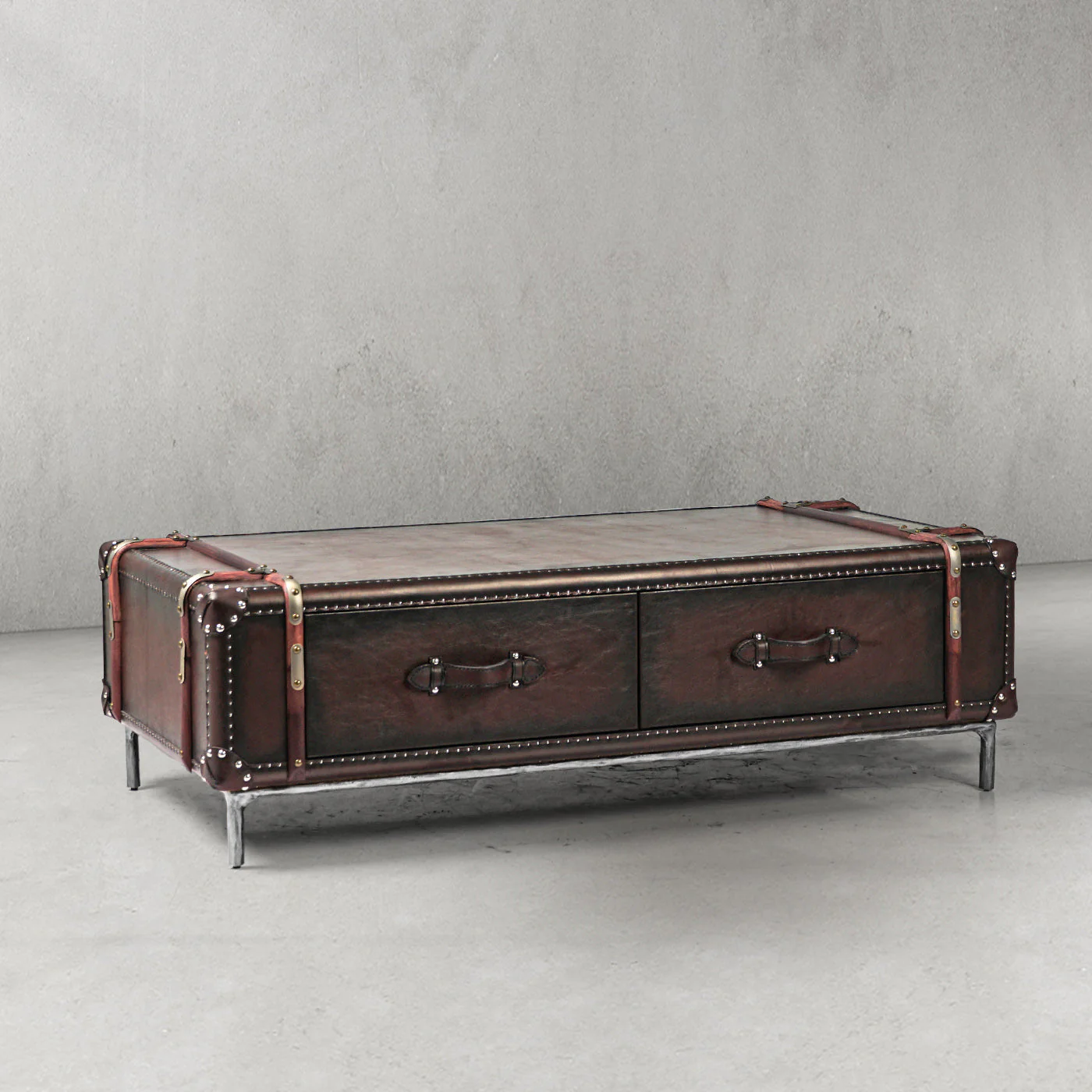 Hand-Forged Metal Vintage Cowhide Rattan Coffee Table - Image 30