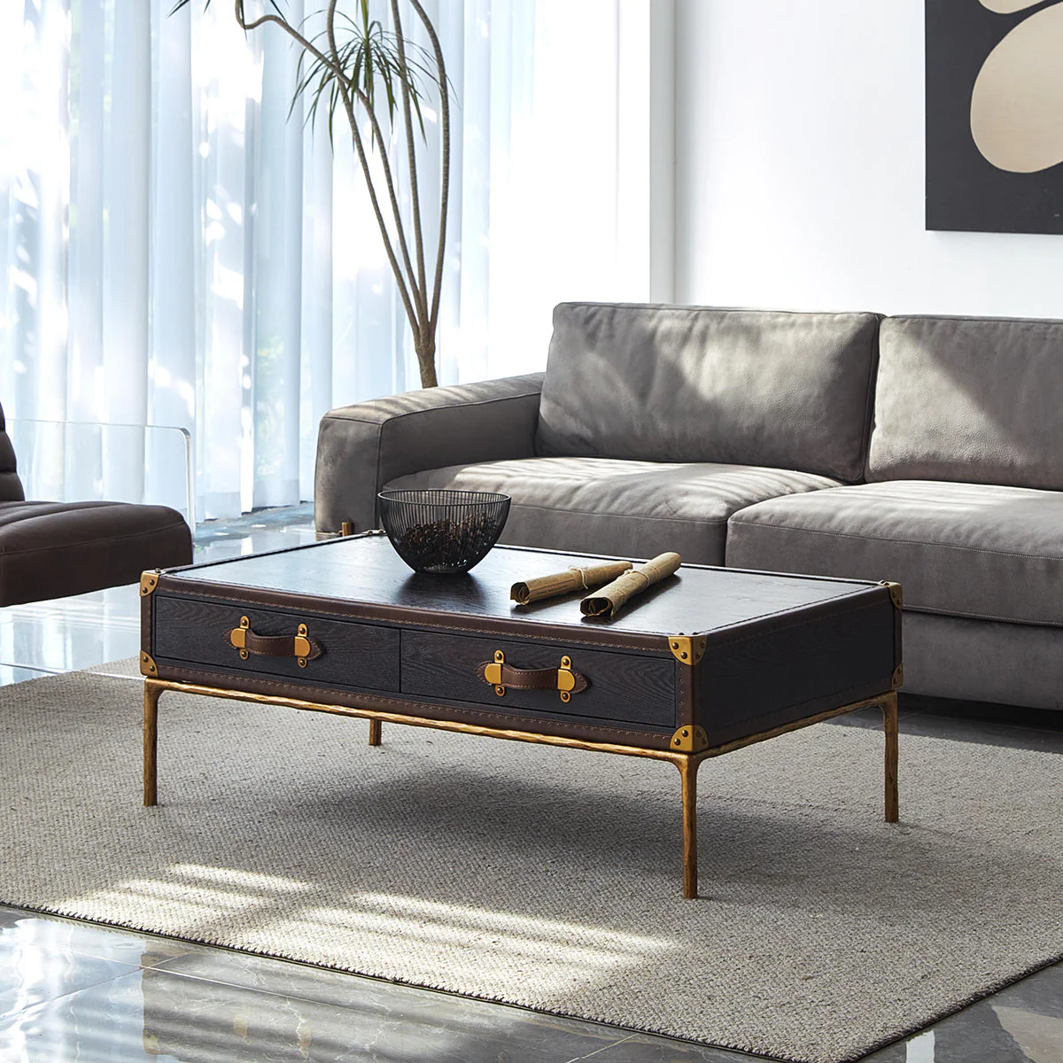 Hand-Forged Metal Vintage Leather Square Coffee Table - Image 2