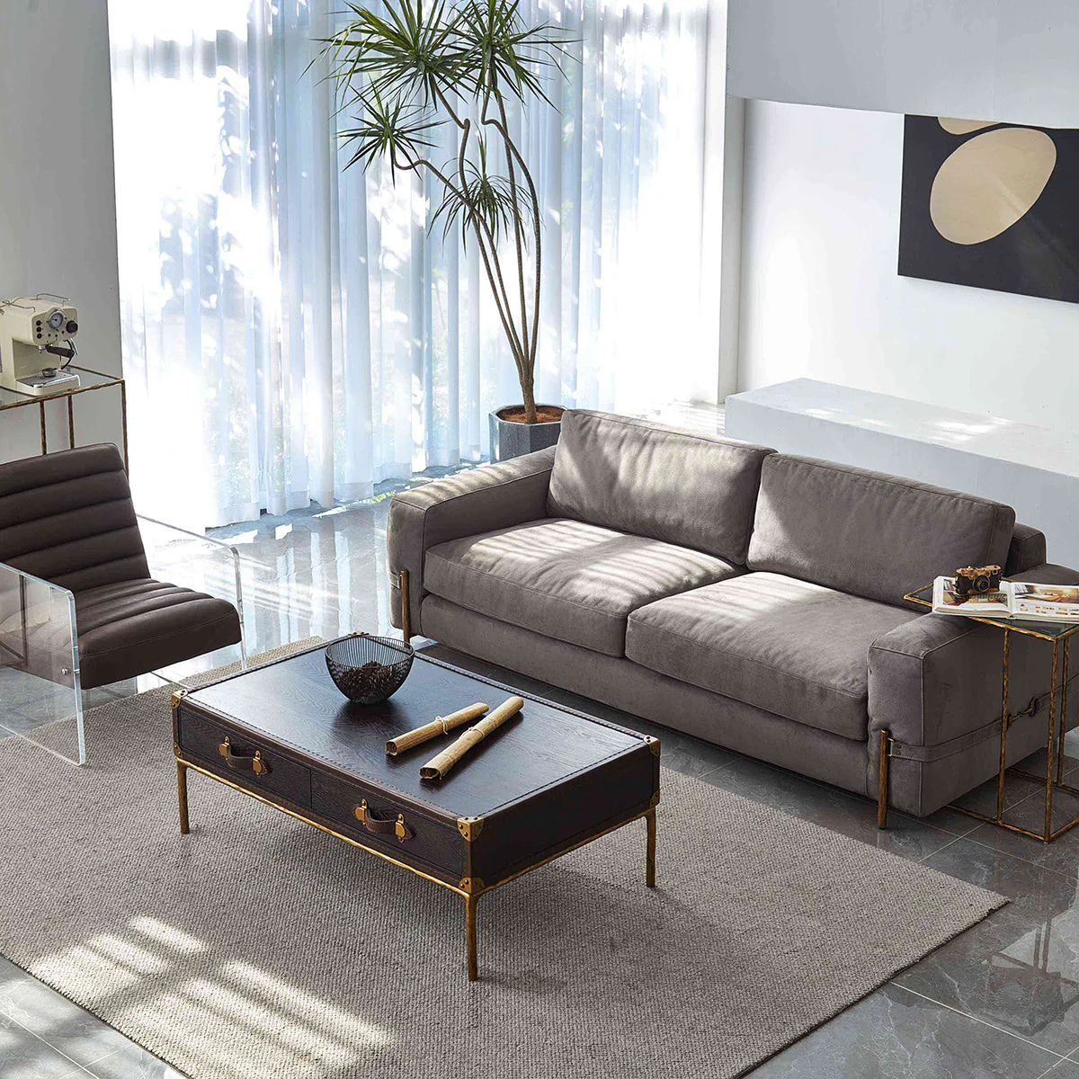 Hand-Forged Metal Vintage Leather Square Coffee Table - Image 5