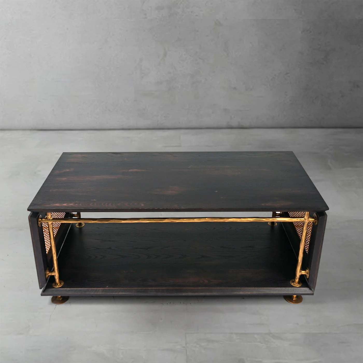 Hand-Forged Metal Vintage Rattan Wooden Coffee Table - Image 2