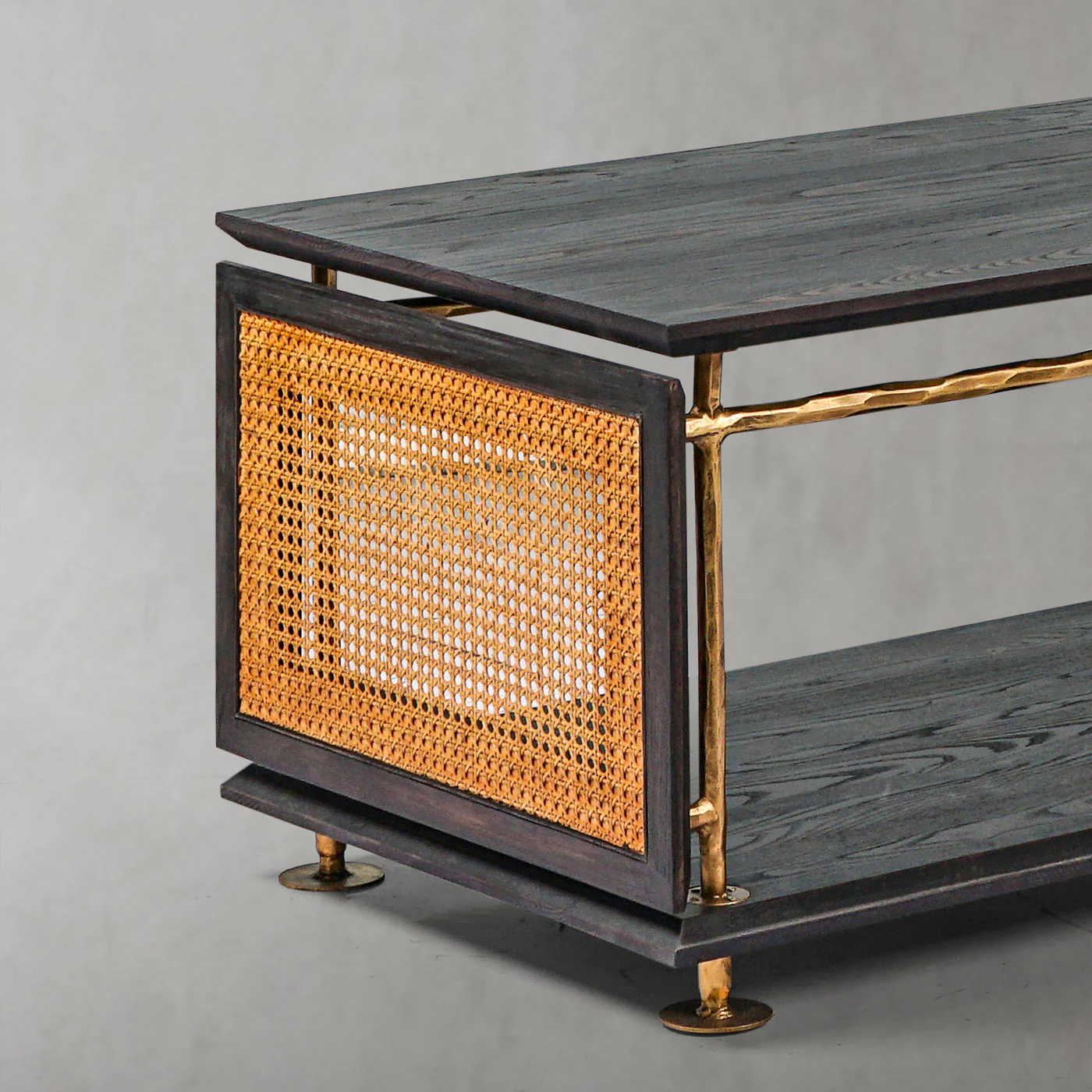 Hand-Forged Metal Vintage Rattan Wooden Coffee Table - Image 4