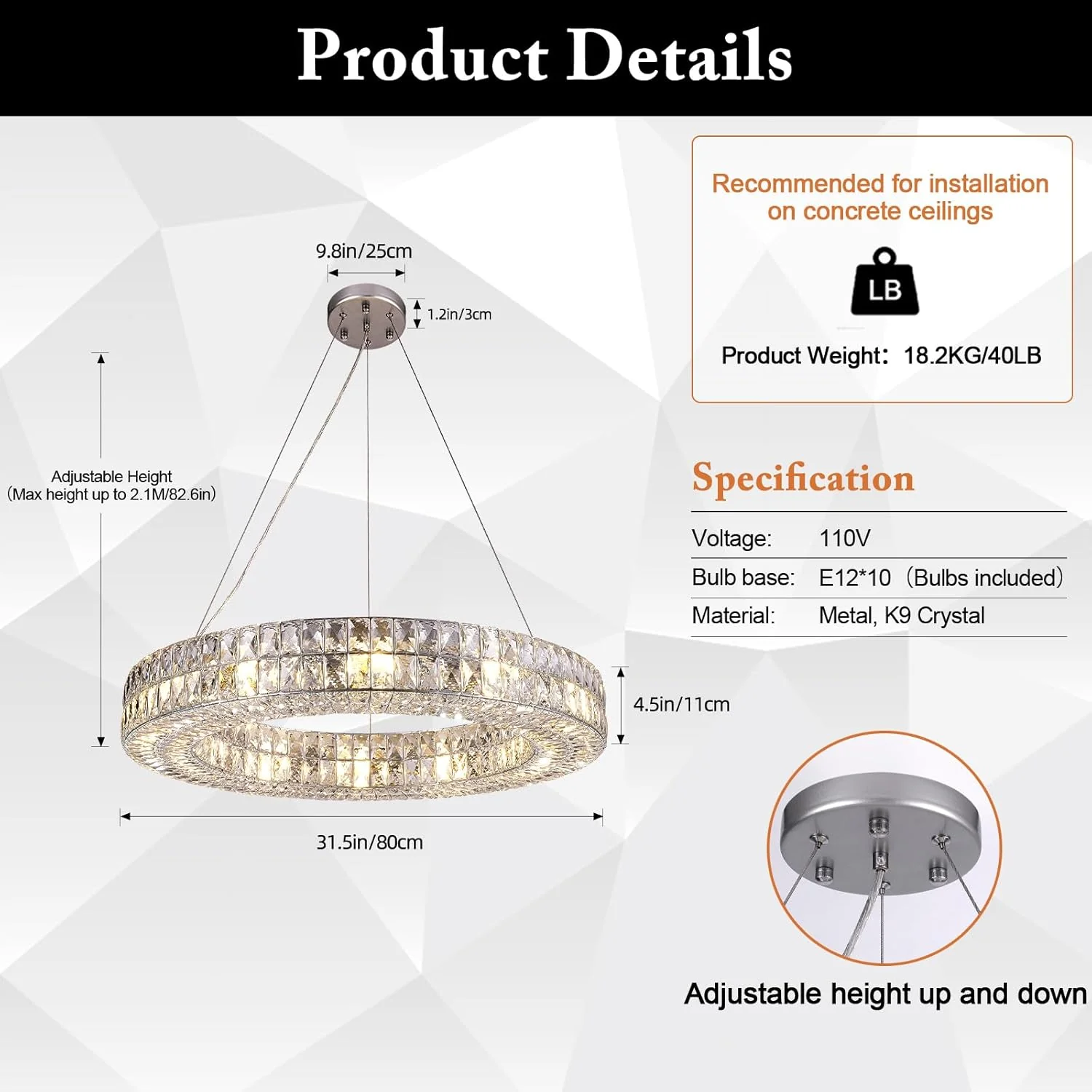 K9 Crystal Round/Rectangular Chandelier 32" - Image 6