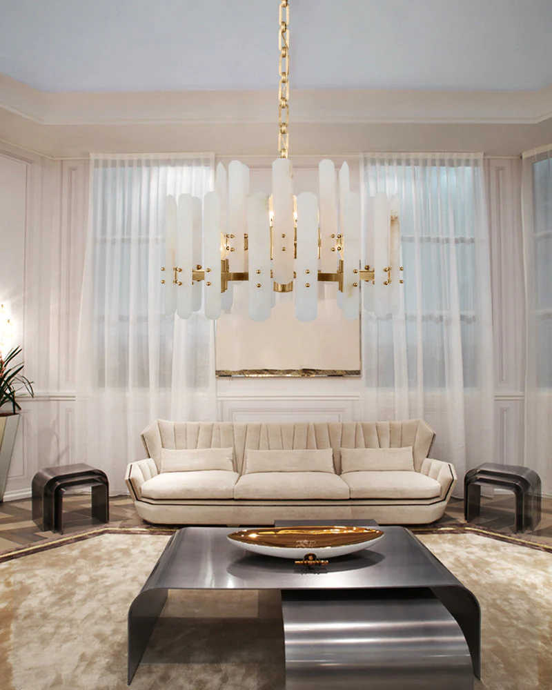 Large Alabaster Rectangular Chandelier Wide 40“ 45” with Chrome Frame for dining room - Image 14