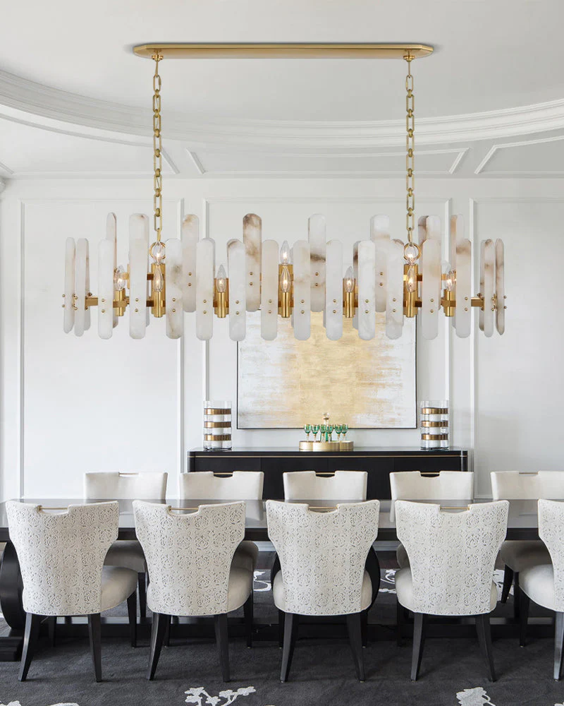 Large Alabaster Rectangular Chandelier Wide 40“ 45” with Chrome Frame for dining room - Image 4